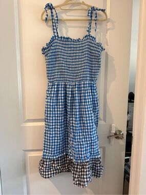 Draper James Blue and White Gingham Midi Dress with Tie Straps